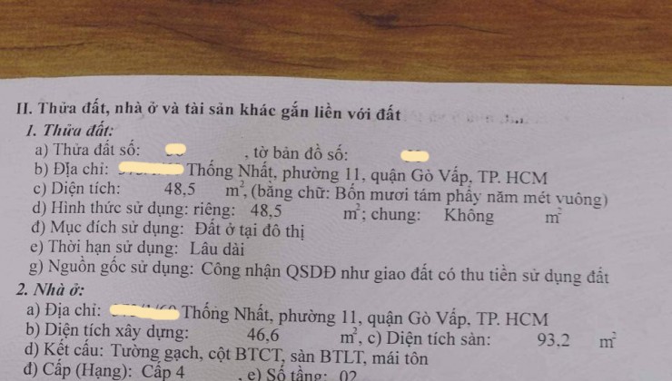 Bán nhà Thống Nhất P. 11 Quận Gò Vấp, nở hậu, giá giảm còn 4.x tỷ